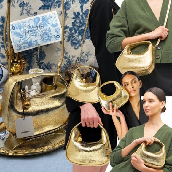 🆕 OROTON 🧿 NWT Clara Mini Convertible Crossbody Bag, Crinkle Gold Leather - Picture 1 of 15